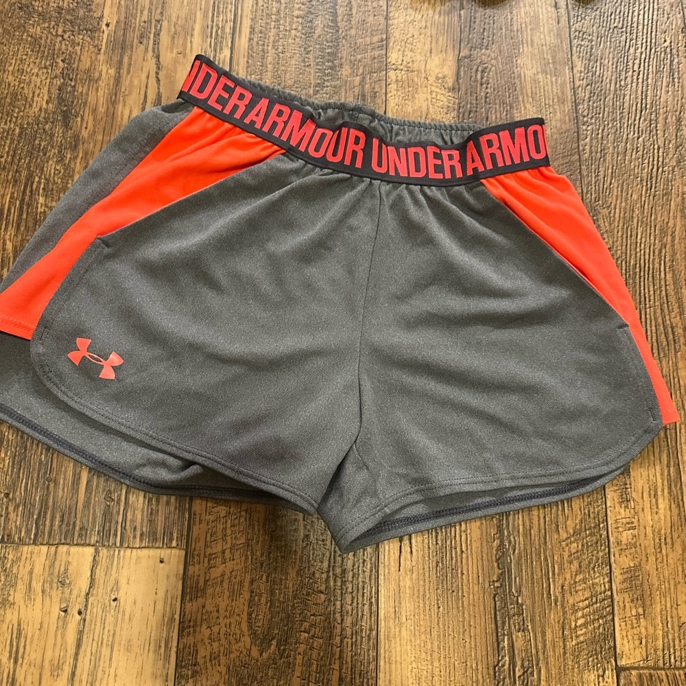 Under Armour Women's Athletic Shorts in Gray and Neon Orange